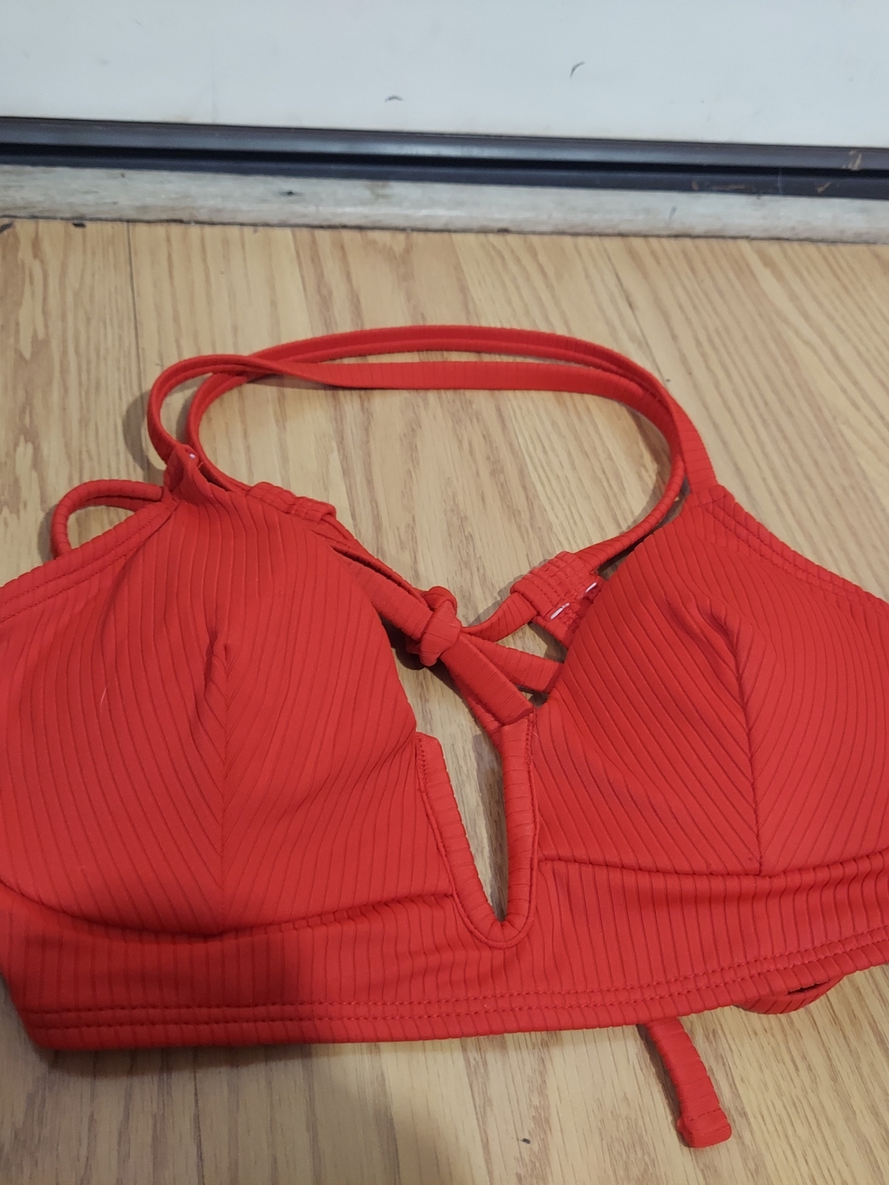 Shade & Shore Red Ribbed V-Keyhole Swim Top